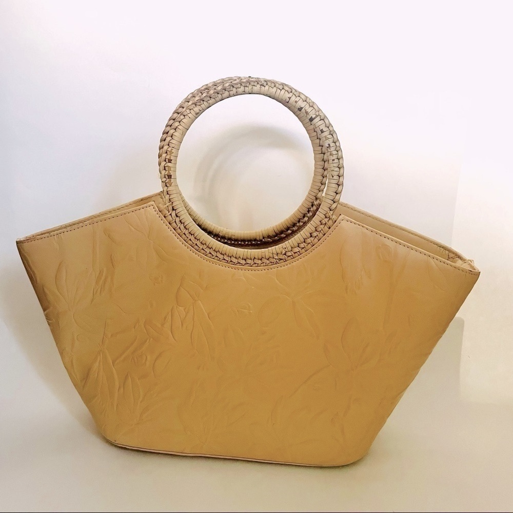 🎯3/$10 Vintage Donna Dixon Handbag Round Handle Embossed Floral Cream Purse